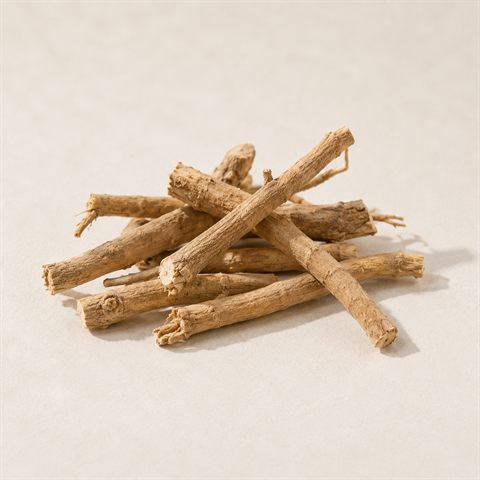 Radice di ashwagandha essiccata, beige e in parte ridotta in polvere