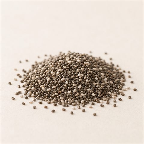 Chia seeds, small grey-brown speckled seeds.