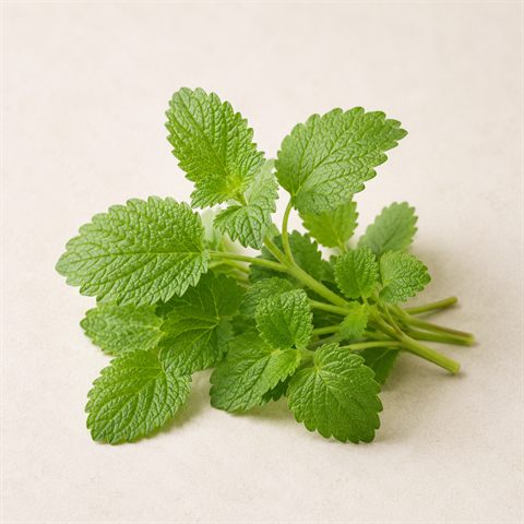 Citronmelisse, tørrede grønne blade med rynket overflade.
