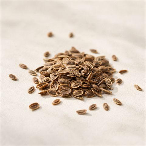 Flat, oval dill seeds with light edges, dried