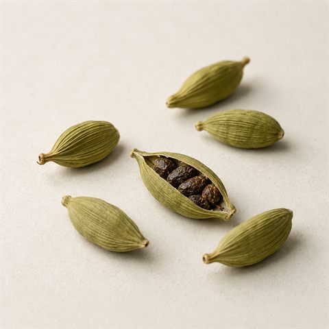 Green cardamom pods with the dark seeds inside